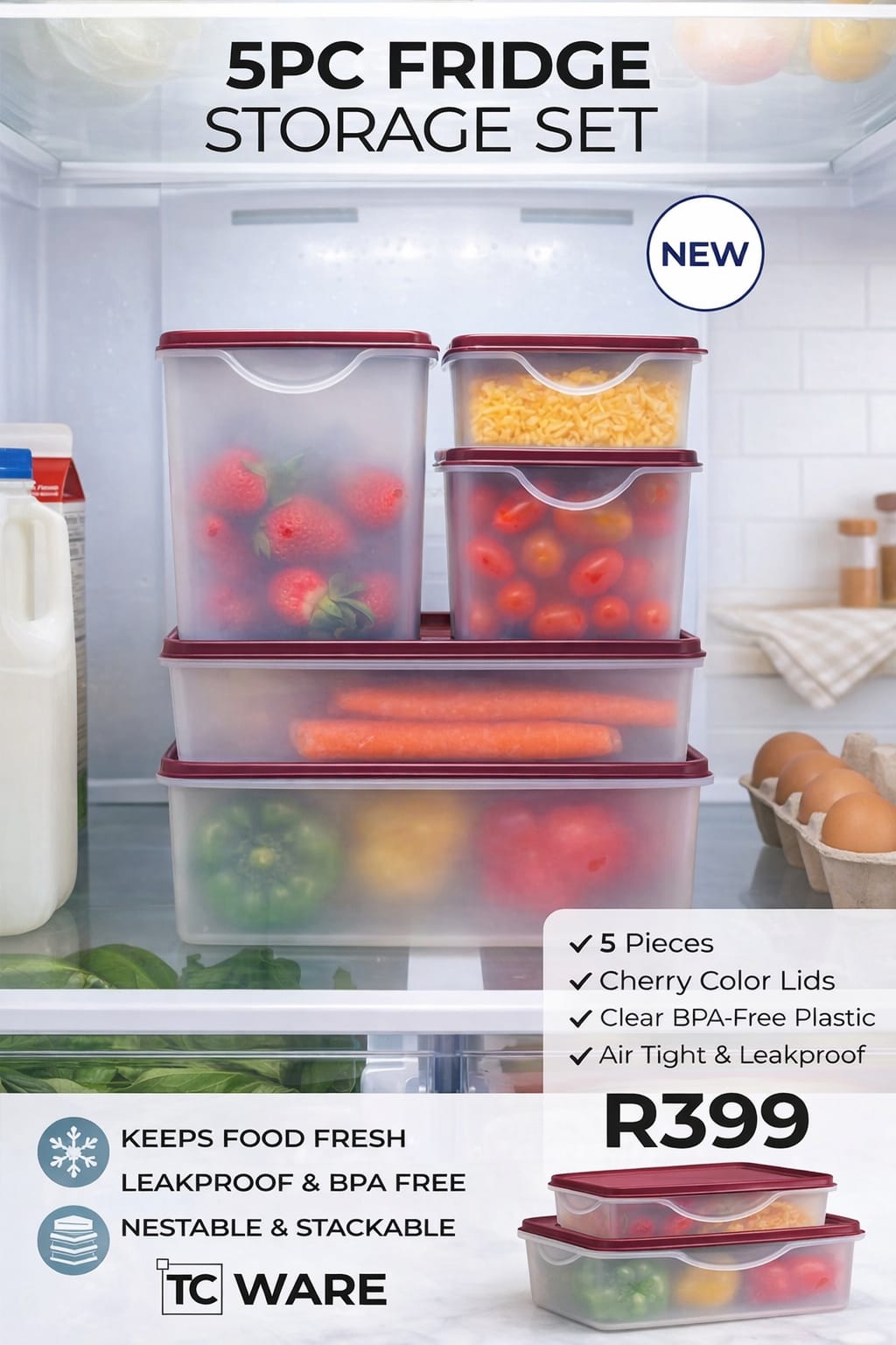 5pc Fridge Storage Set (500ml - 1.7Lt) - Cherry