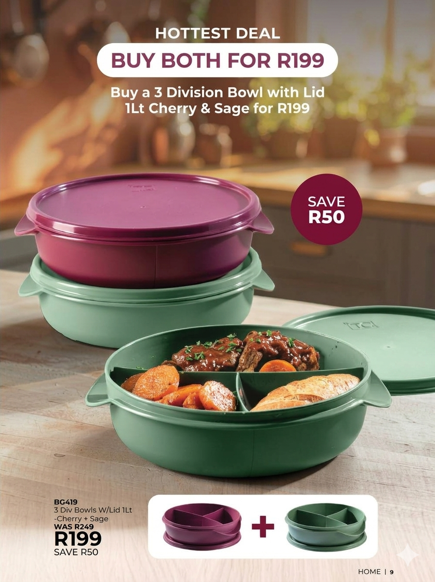 3 Div Bowls W/Lid 1Lt -Cherry + Sage
