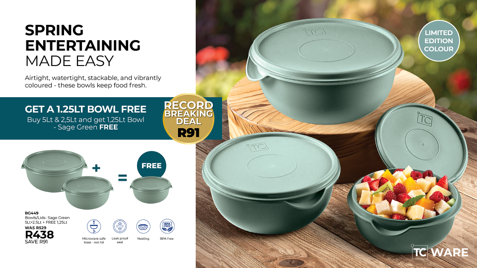 Bowls/Lids- Sage Green 5Lt+2.5Lt + FREE 1,25Lt
