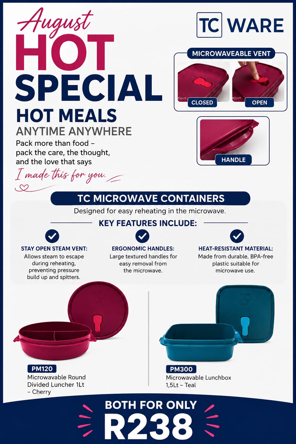 August Hot Special: TC Microwave Containers - Round Divided Luncher 1Lt + Lunchbox 1.5Lt