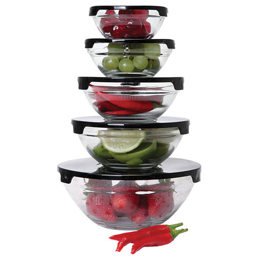 5pc Glass Bowl Set/Lids - 9 to 17cm