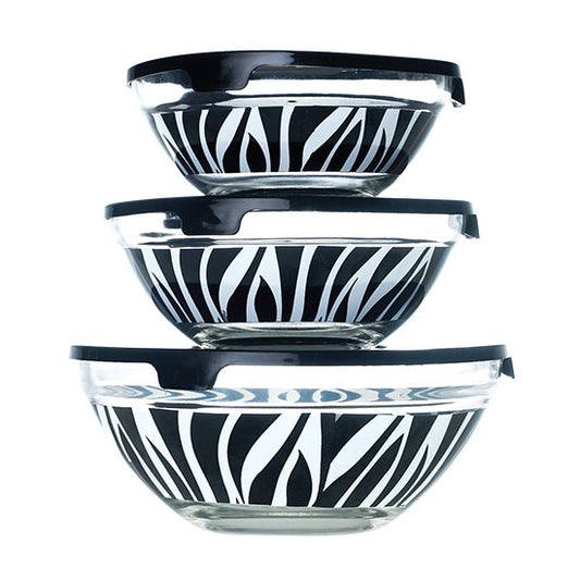 3pc Zebra Glass Bowl Set/Lids - 12 to 17cm