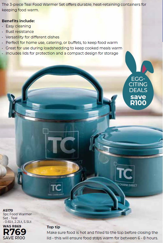3-PIECE TEAL FOOD WARMER SET- 0.6Lt, 2.2Lt, 5.5Lt