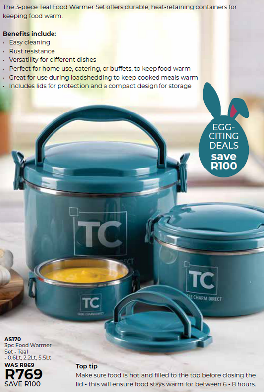 3-PIECE TEAL FOOD WARMER SET- 0.6Lt, 2.2Lt, 5.5Lt