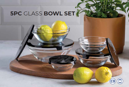 5pc Glass Bowl Set with Plastic Lids 9-17cm