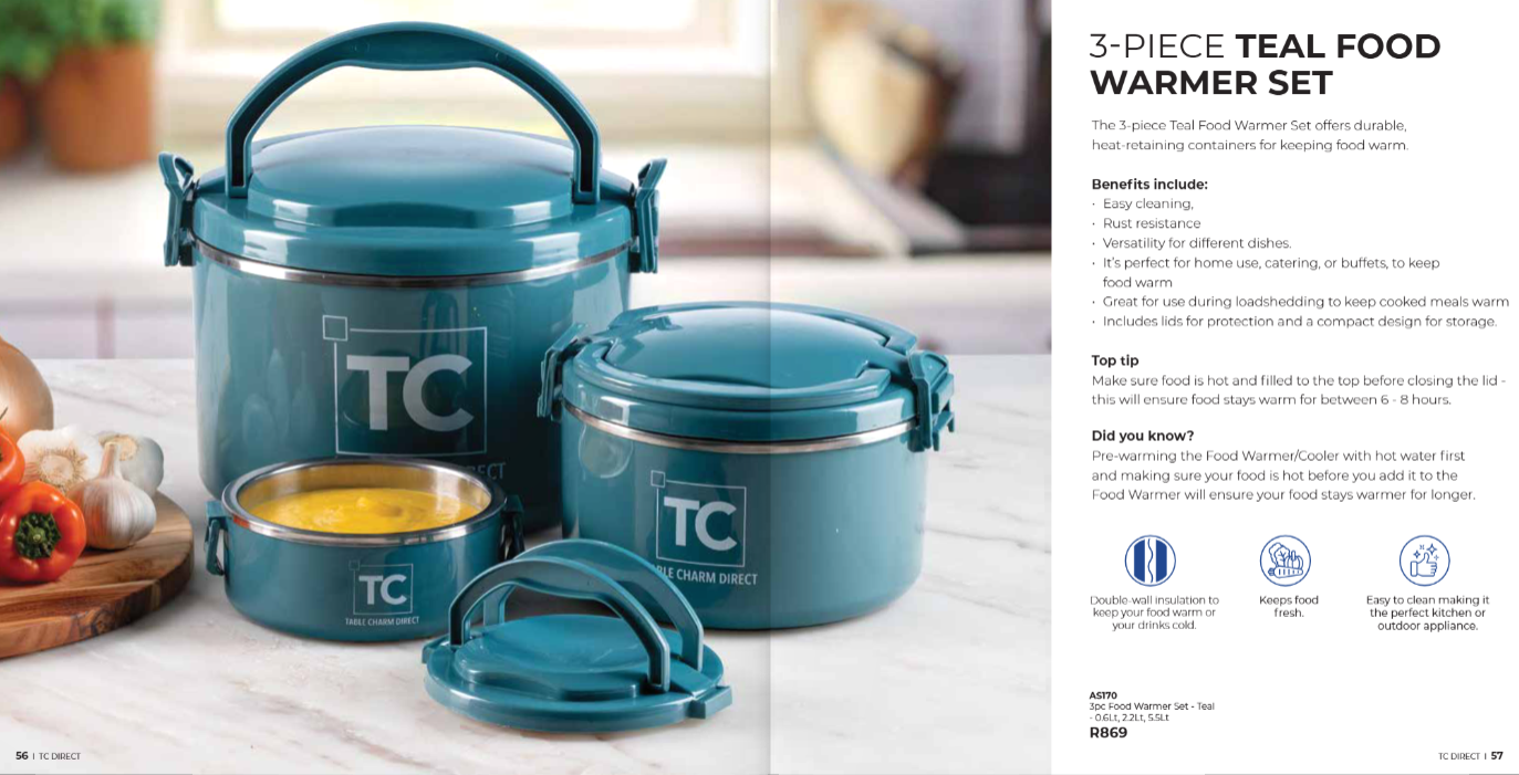 3pc Food Warmer Set - Teal - 0.6Lt, 2.2Lt, 5.5Lt