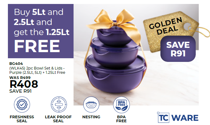 (WLK45) 2pc Bowl Set & Lids - Purple (2.5Lt, 5Lt) + 1.25Lt Free