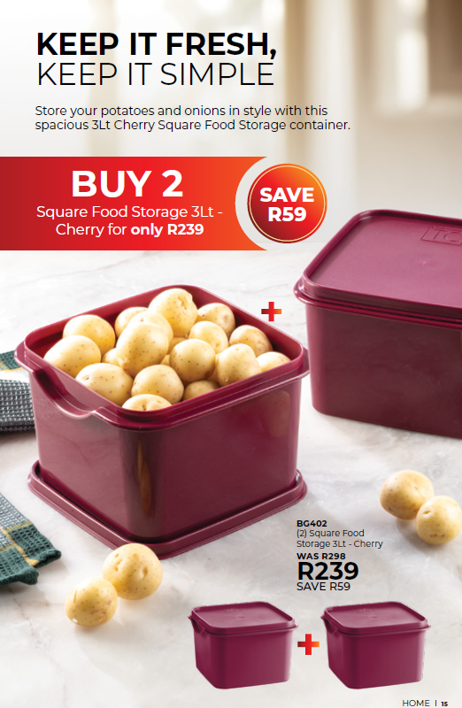 (2) Square Food Storage 3Lt - Cherry