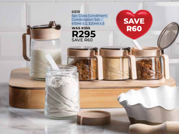 5pc Glass Condiment Combination Set - 610ml x 2, 320ml x 3