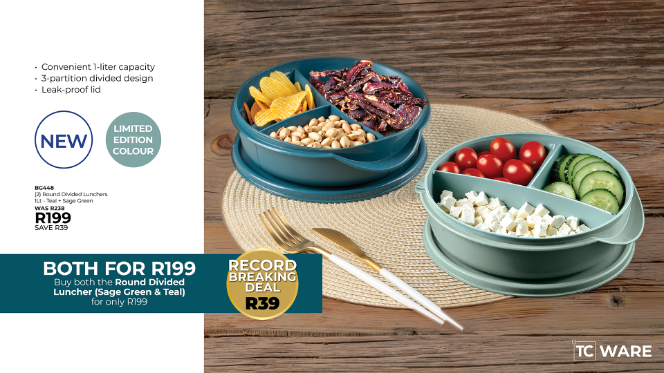 (2) Round Divided Lunchers 1Lt - Teal + Sage Green