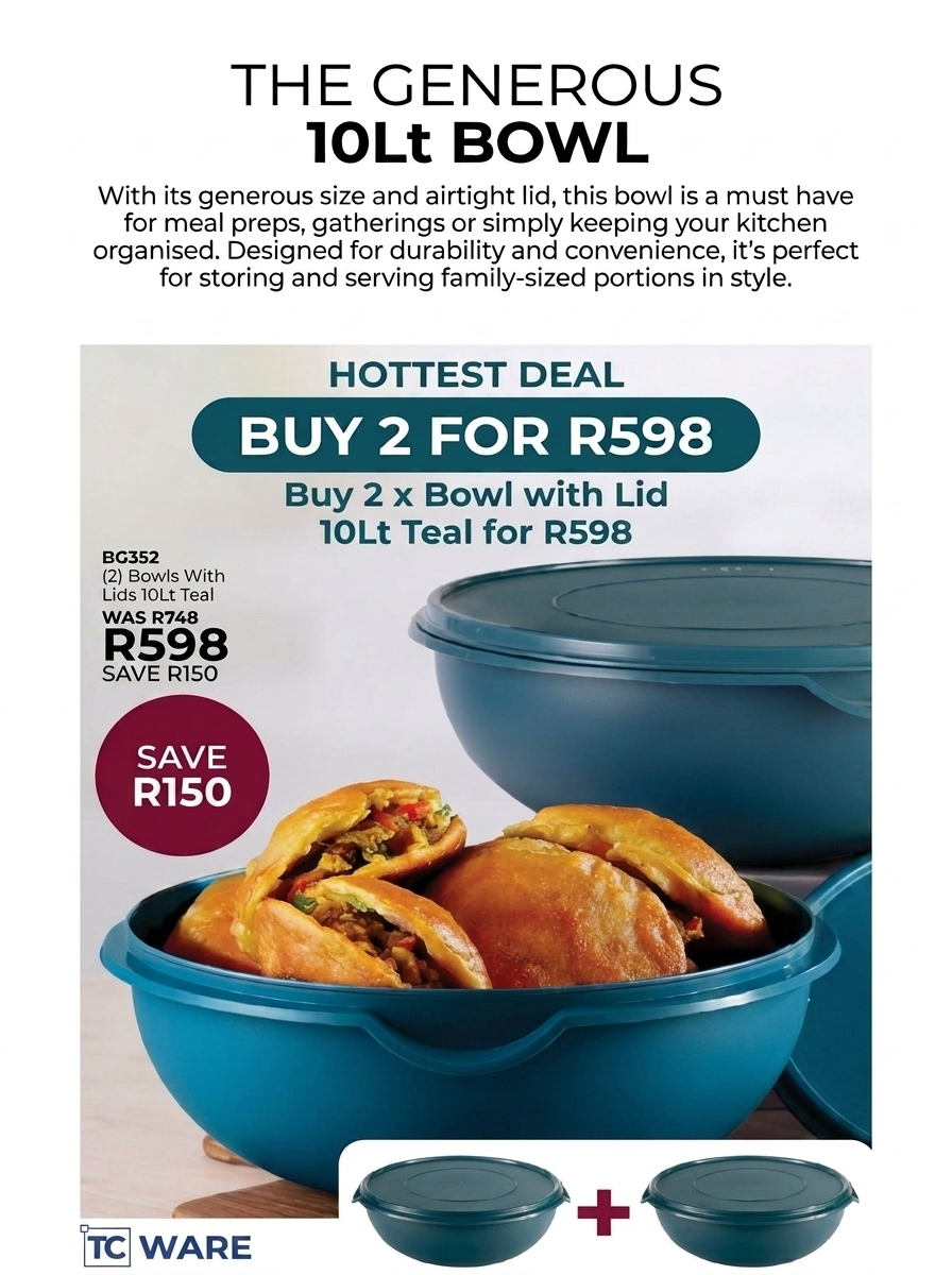 (2) Bowls With Lids 10Lt Teal